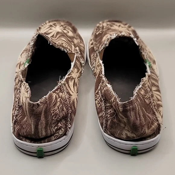 SANUK Sidewalk Surfers Shoes Men's Sz 9 Brown Frayed Palms Canvas Slip-On Beachy - Picture 4 of 10
